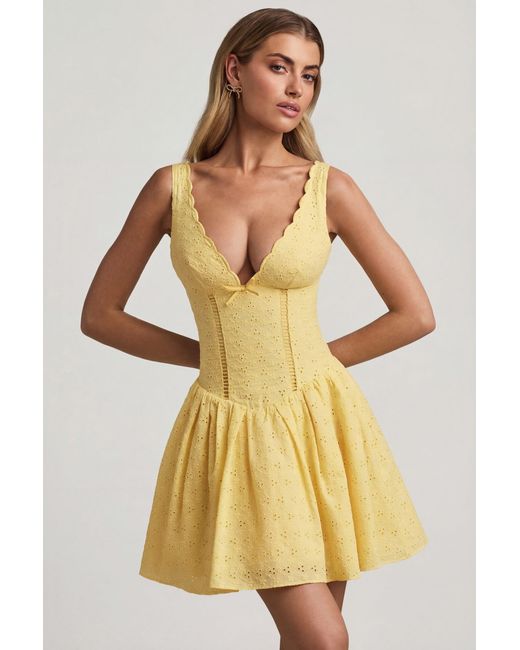 Oh Polly Yellow Broderie Anglaise Bow-Detail A-Line Mini Dress