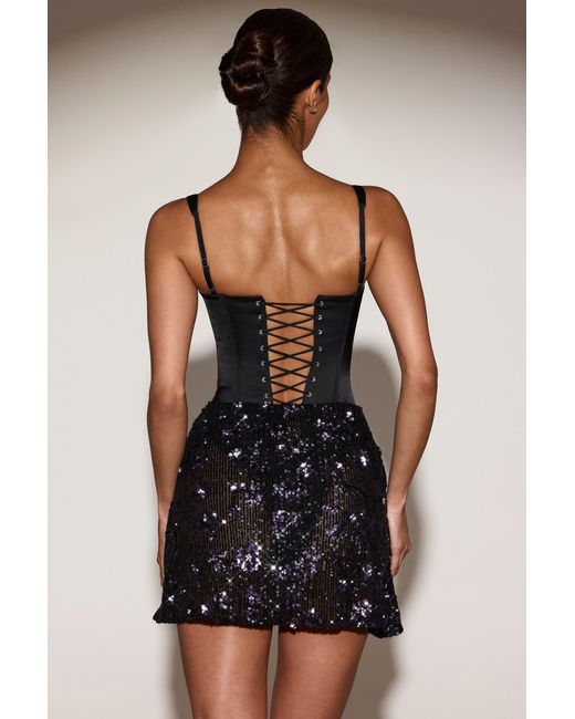 Oh Polly Black Satin Corset Embellished Skirt Mini Dress