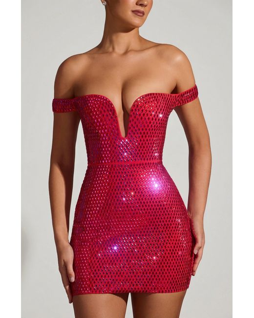 Oh Polly Red Embellished Off-Shoulder Mini Dress
