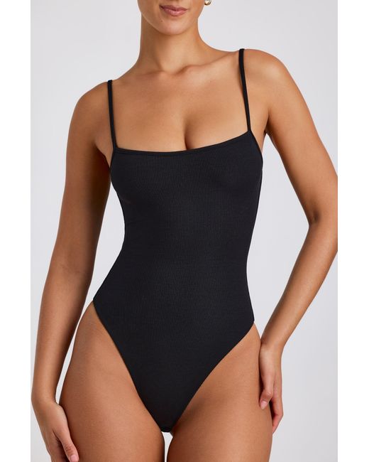 Oh Polly Black Ribbed Modal Square Neck Bodysuit