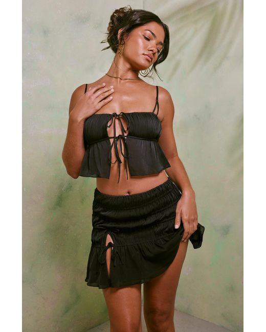 Oh Polly Black Shirred Thigh High Split Mid Rise Mini Skirt