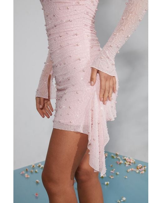 Oh Polly Pink Long Sleeve Embellished Cowl Neck Mini Dress