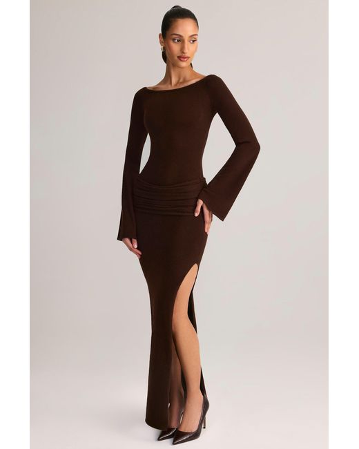 Oh Polly Brown Rib-Knit Boat-Neck Long-Sleeve Maxi Dress
