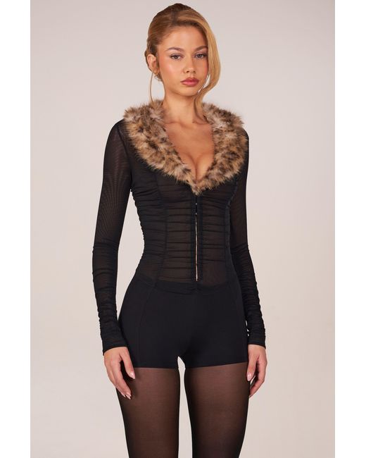 Oh Polly Black Faux Fur-Trim Playsuit