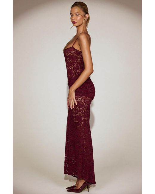 Oh Polly Red Sheer Lace Square-Neck Ruched Gown