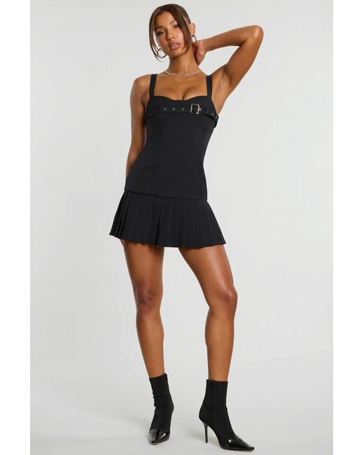 Oh Polly Black Brushed Twill Drop Waist Kilt Mini Dress