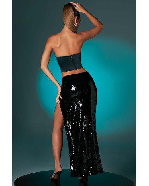 Oh Polly Black Flat Sequin Thigh Split Maxi Skirt
