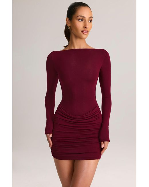 Oh Polly Red Modal Boat-Neck Draped Long-Sleeve Mini Dress
