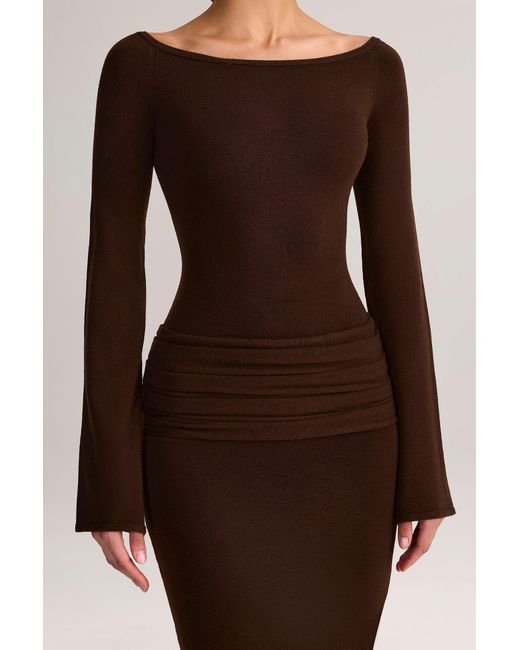 Oh Polly Brown Rib-Knit Boat-Neck Long-Sleeve Maxi Dress