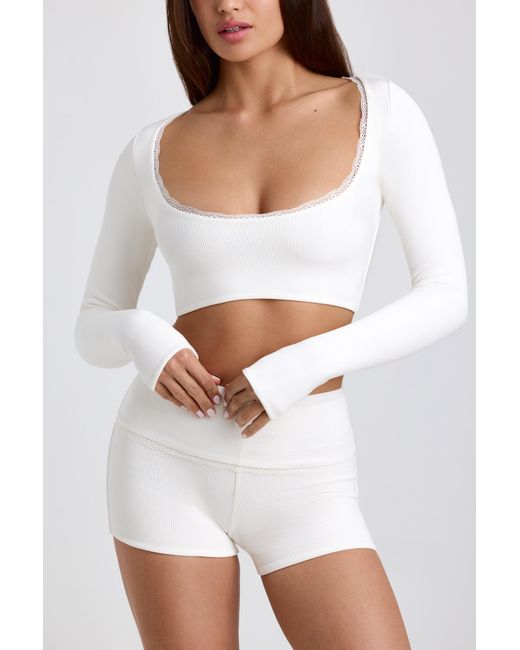 Oh Polly White Ribbed Modal Lace-Trim Crop Top