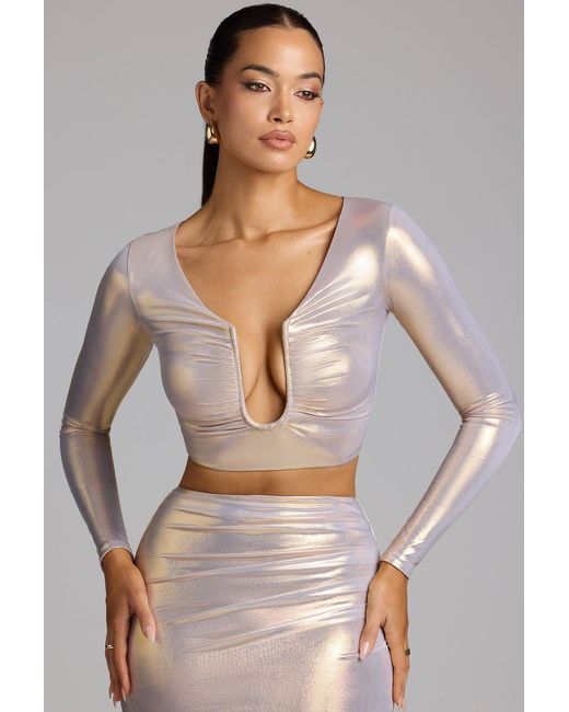 Oh Polly Plunge Neck Metallic Jersey Crop Top