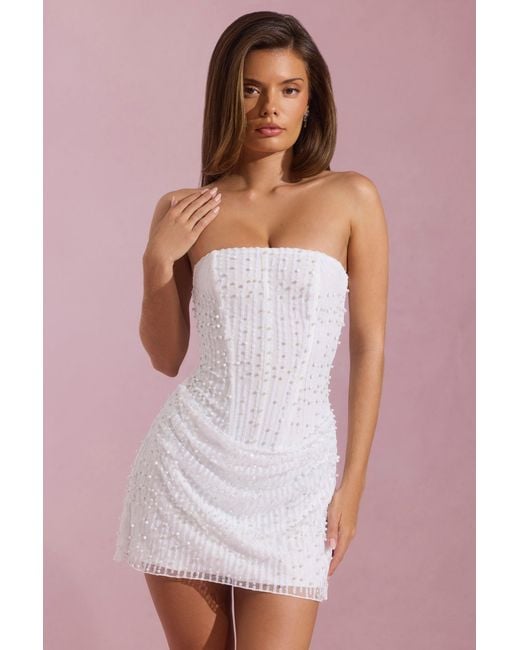 Oh Polly White Embellished Draped Strapless A-Line Mini Dress