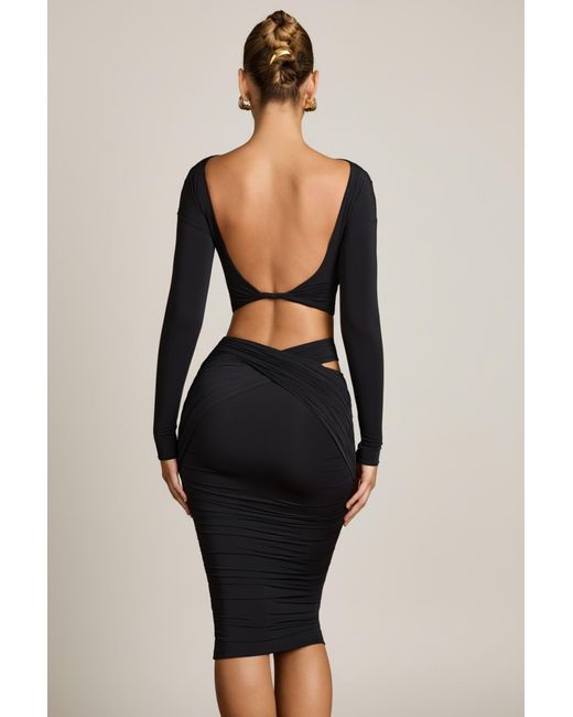 Oh Polly Black Cut-Out Draped High-Rise Midi Skirt