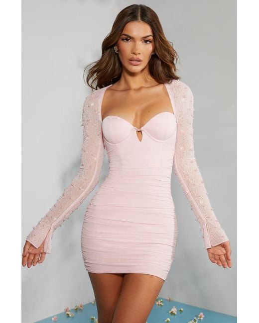 Oh Polly Pink Embellished Long Sleeve Mini Dress