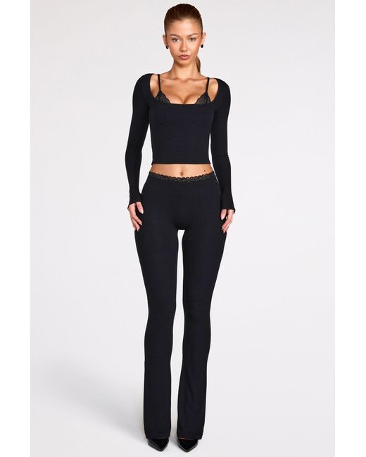Oh Polly Black Modal Mid-Rise Flared Trousers