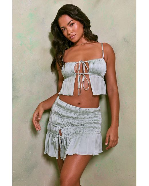 Oh Polly Green Shirred Tie Up Front Crop Top