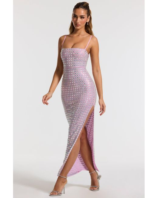 Oh Polly Purple Embellished Square Neck Thigh Split Gown