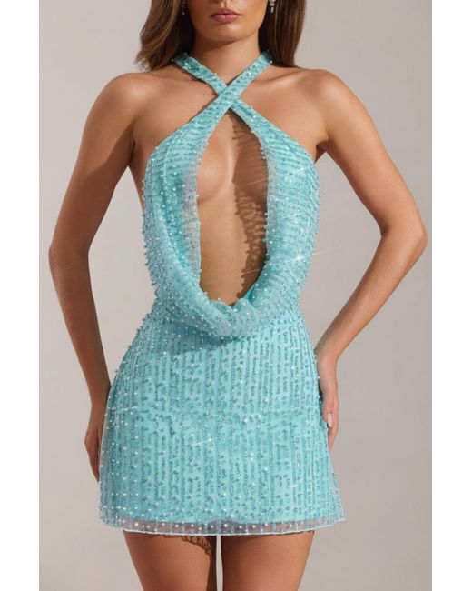 Oh Polly Blue Embellished Cowl-Neck Backless Mini Dress