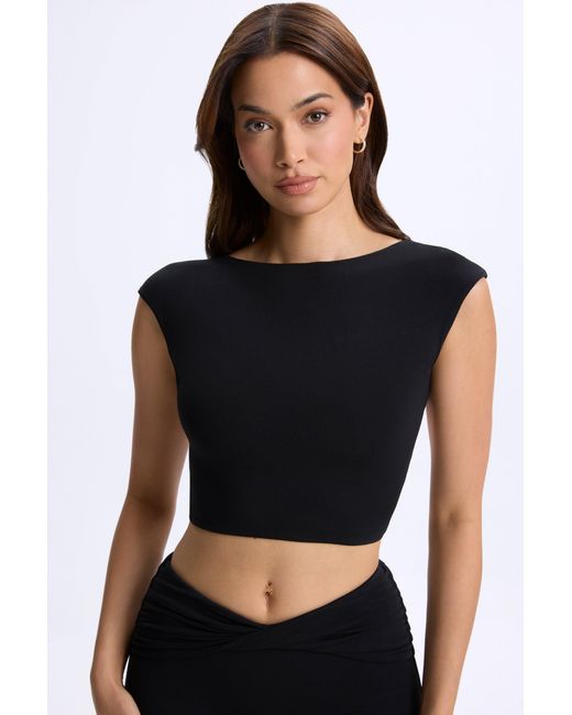 Oh Polly Black Modal Cap-Sleeve Open-Back Crop Top
