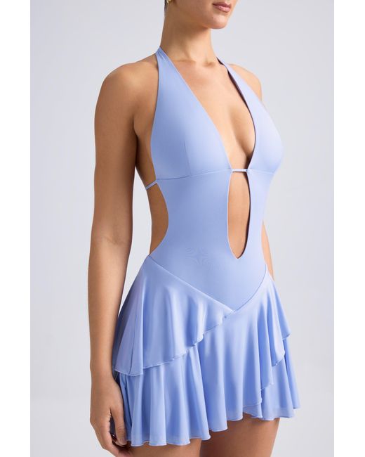 Oh Polly Blue Ruffled Cut-Out Halterneck Mini Dress