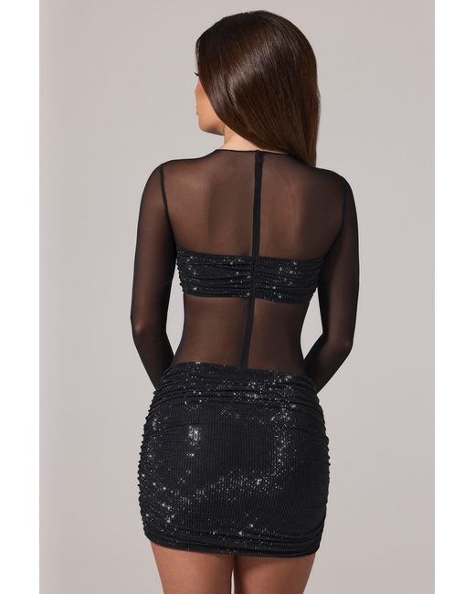 Oh Polly Black Sheer Embellished High-Neck Long Sleeve Mini Dress
