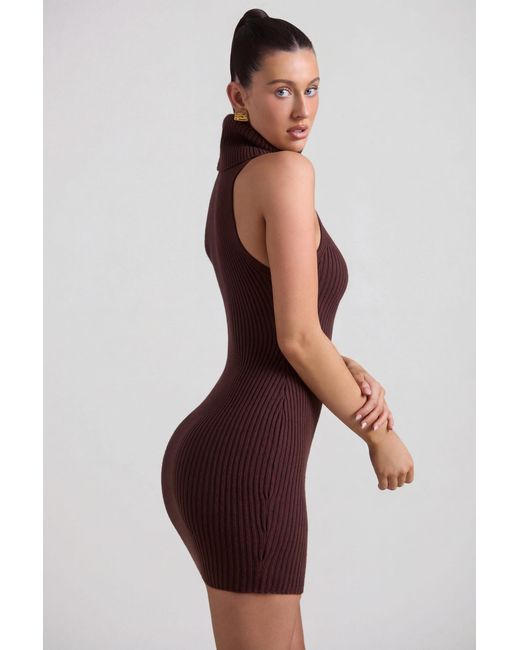 Oh Polly Brown Ribbed-Knit Turtleneck Mini Dress