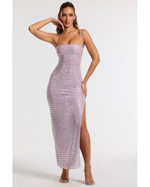 Oh Polly Purple Embellished Square Neck Thigh Split Gown