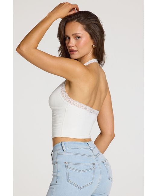 Oh Polly White Modal Lace-Trim Halterneck Top