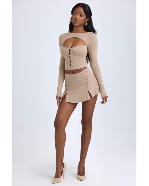 Oh Polly Natural Modal Button-Detail Low-Rise Mini Skirt