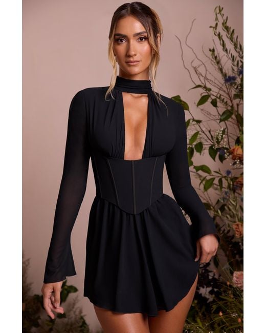 Oh Polly Black Long Sleeve Plunge Neck Mini Dress