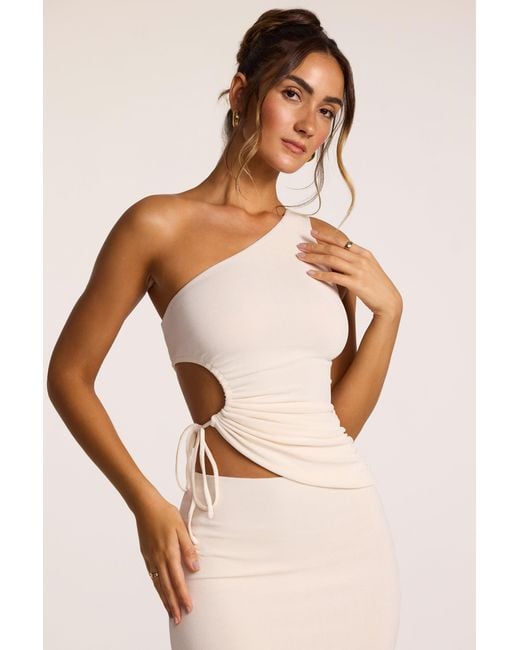 Oh Polly White Textured Jersey Ruched Cut-Out One Shoulder Top