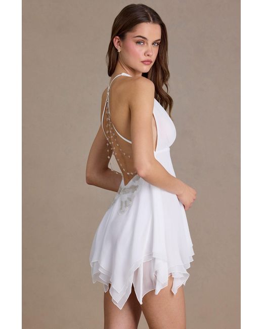 Oh Polly White Chiffon Plunge-Neck Open-Back Mini Dress