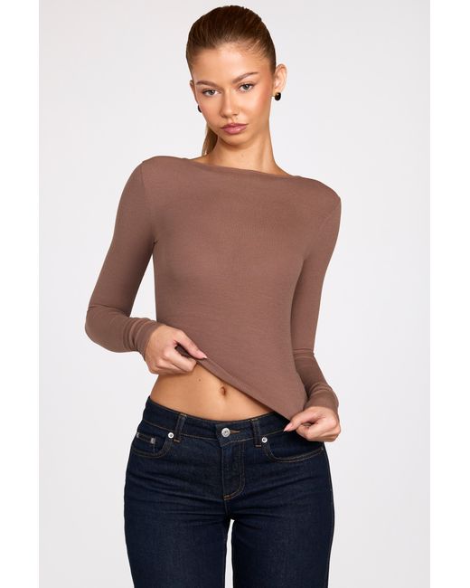 Oh Polly Brown Ribbed Modal Ruched Long-Sleeve Top