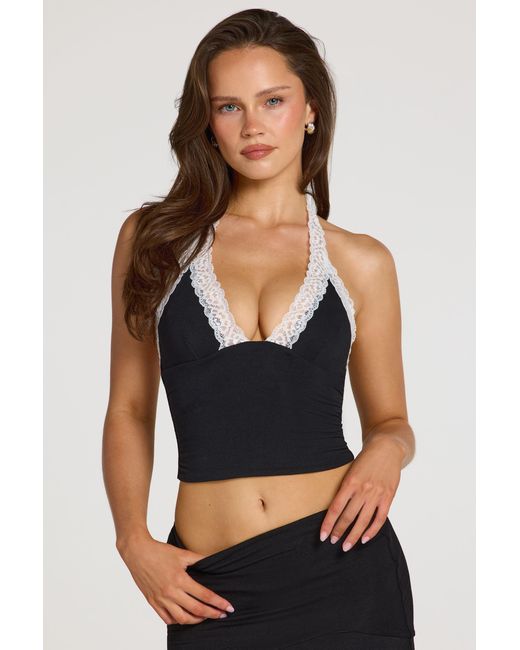 Oh Polly Black Modal Lace-Trim Halterneck Top