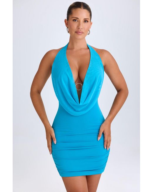 Oh Polly Blue Hardware Detail Cut-Out Cowl-Neck Mini Dress