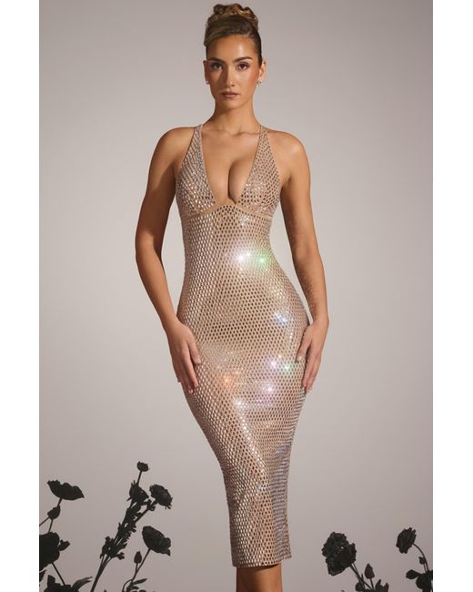 Oh Polly Natural Embellished Plunge Midaxi Dress