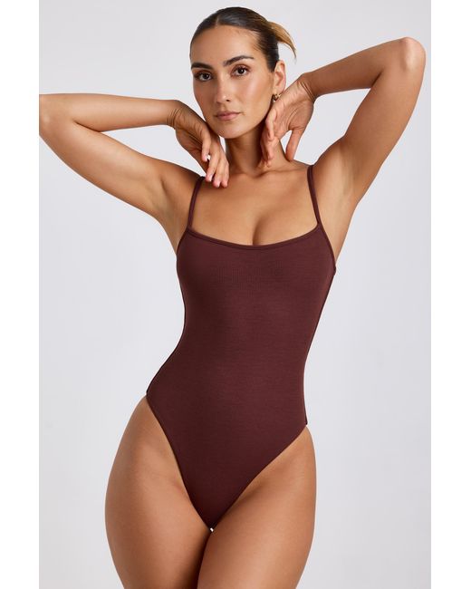 Oh Polly Brown Ribbed Modal Square Neck Bodysuit
