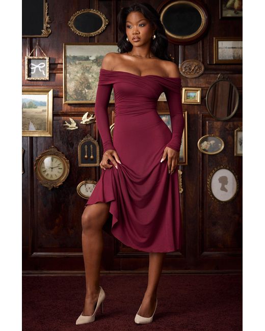 Oh Polly Red Modal Off-Shoulder Ruched Midaxi Dress