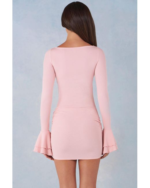 Oh Polly Pink Ribbed Modal Long-Sleeve Draped Mini Dress