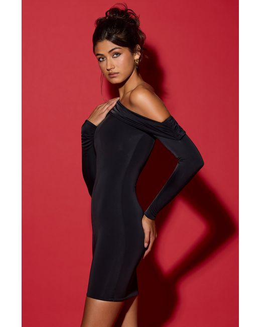 Oh Polly Black Off-Shoulder Ruched Mini Dress