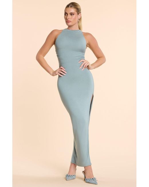 Oh Polly Blue High Neck Racerback Ruched Modal Cashmere Blend Maxi Dress