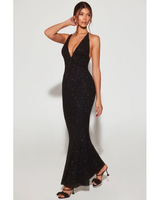 Oh Polly Black Embellished Plunge Halter Neck Evening Gown