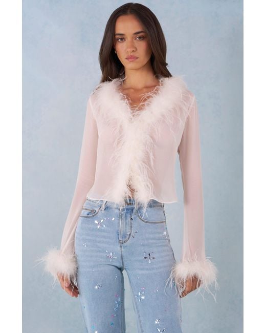 Oh Polly White Feather Trim Sheer Top