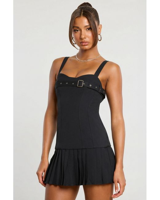 Oh Polly Black Brushed Twill Drop Waist Kilt Mini Dress