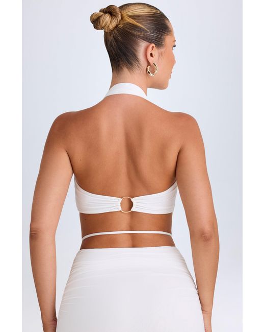 Oh Polly White Plunge Hardware-Detail Halterneck Crop Top