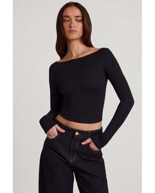 Oh Polly Black Modal Boat-Neck Long-Sleeve Top