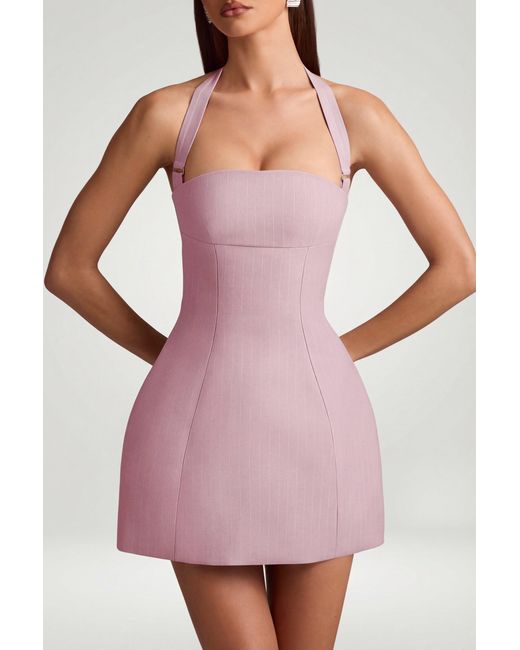 Oh Polly Pink Pinstripe Halterneck Structured A-Line Mini Dress