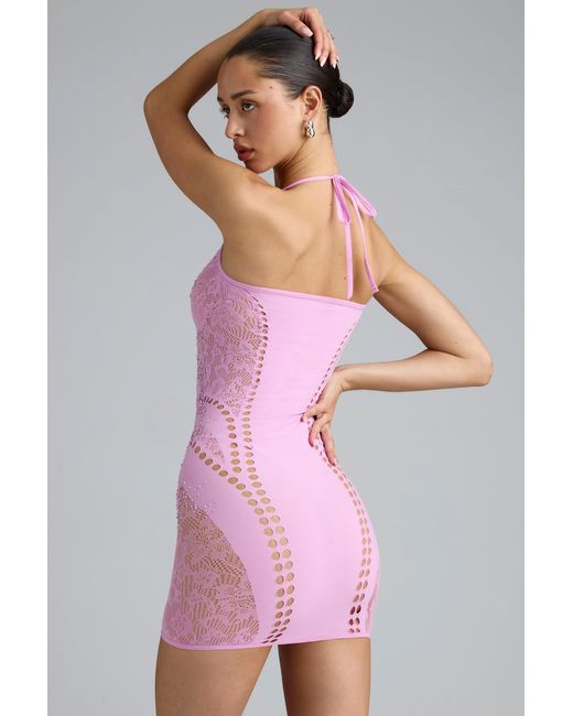 Oh Polly Pink Embellished Halterneck Mini Dress