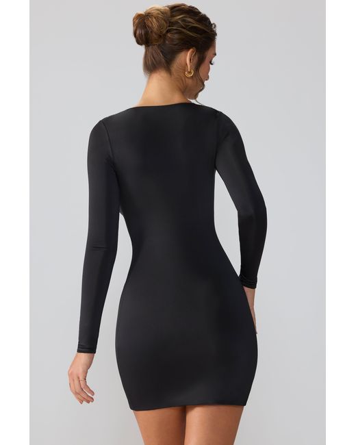 Oh Polly Black Slinky Jersey Long Sleeve Plunge Neck Mini Dress