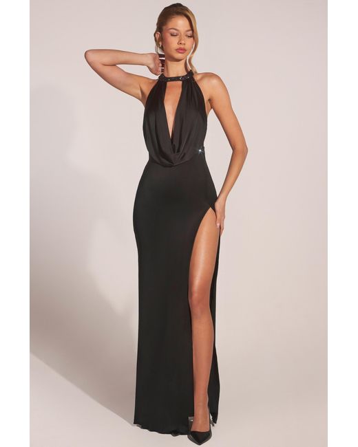 Oh Polly Black Cowl-Neck Thigh-High Gown